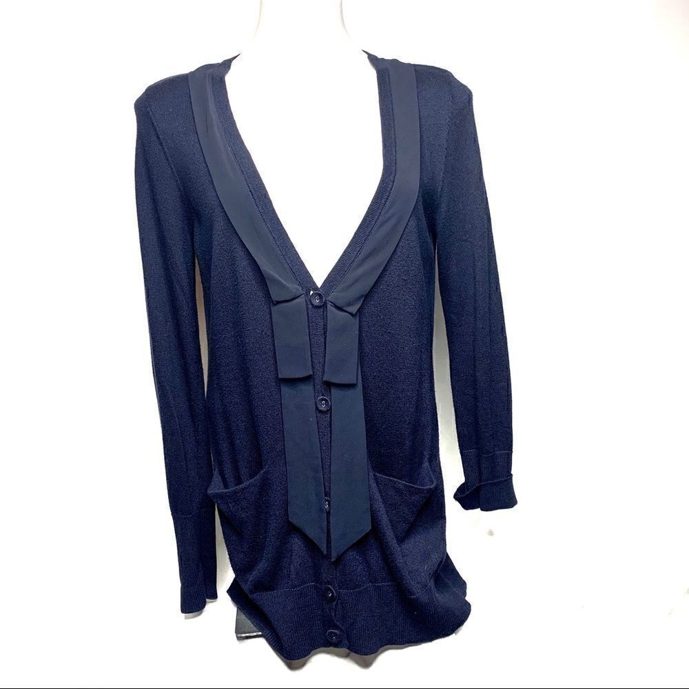 Loft navy blue V-neck cardigan chiffon ribbon trim
